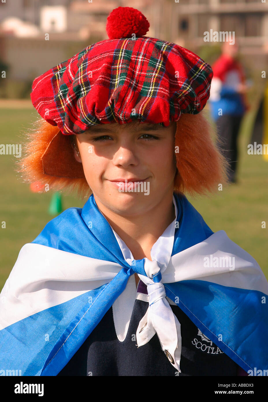 Scolaro vestita come una persona scozzese Foto Stock