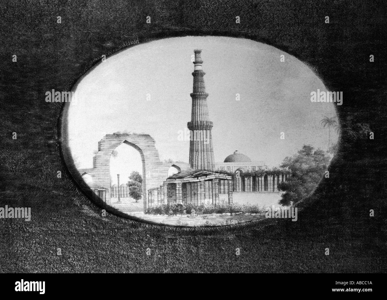 Un dipinto del Qutb Minar Mehrauli Quwwat ul islam moschea complesso datato inizio sultanato periodo 1199 A D Delhi India Foto Stock