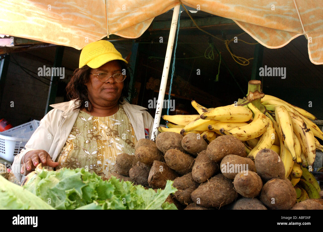 Fornitore del mercato a Roseau mercato, Dominica, dei Caraibi Foto Stock