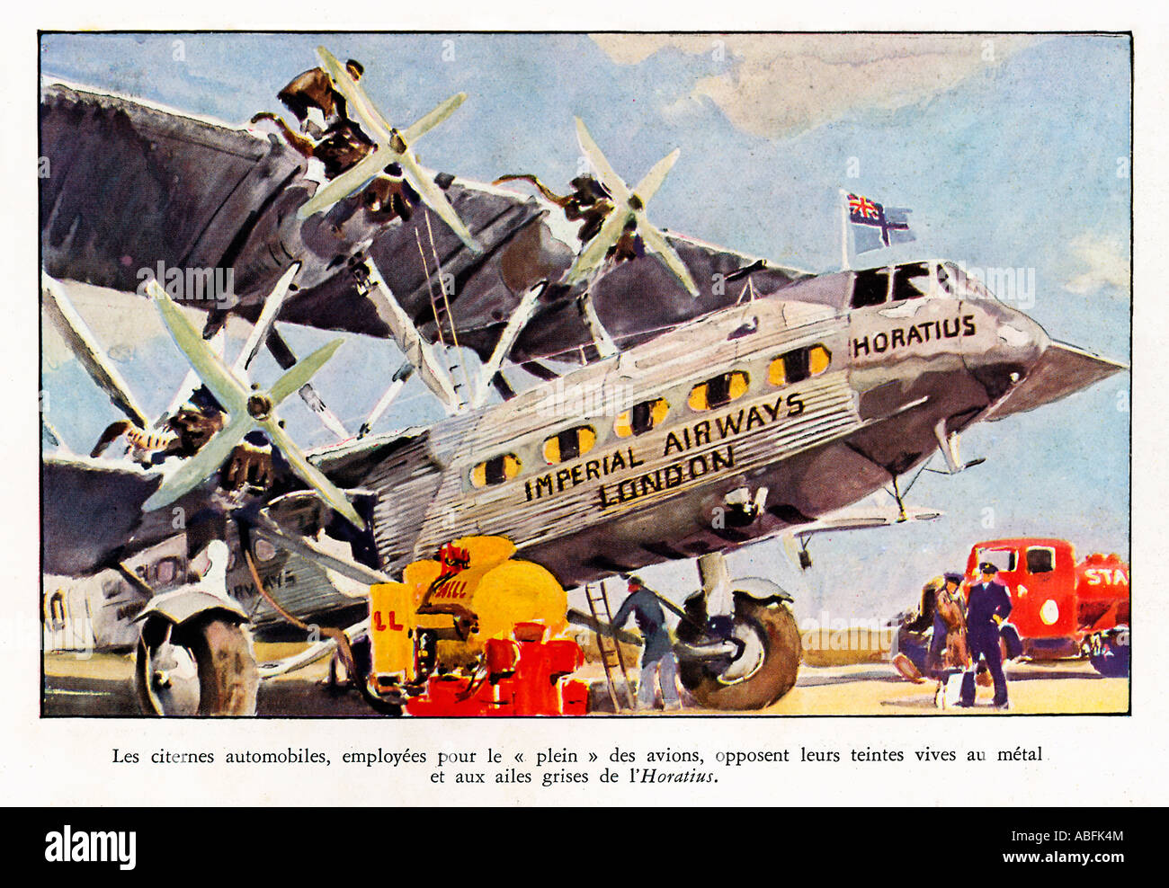 Imperial Airways Orazio 1934 rivista francese illustrazione dell'Handley Page aereo di linea essendo rifornito Foto Stock