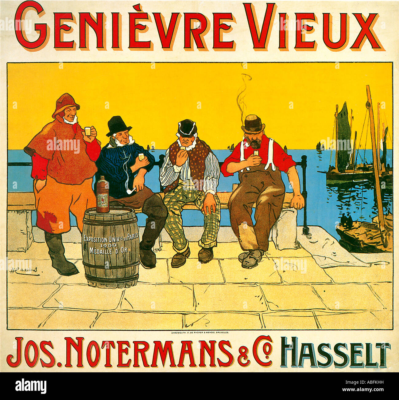 Jos Notermans vecchio Ginevra Gin poster belga dal 1900 per la medaglia di liquore vincente con vecchi pescatori sul molo Foto Stock