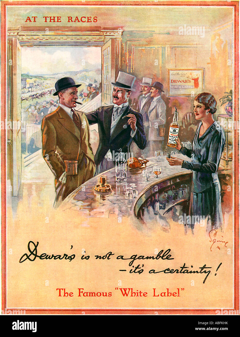 Dewars a gare 1933 annuncio pubblicitario per l'etichetta bianca lo scotch whisky non è la scommessa di una sua una certezza Foto Stock