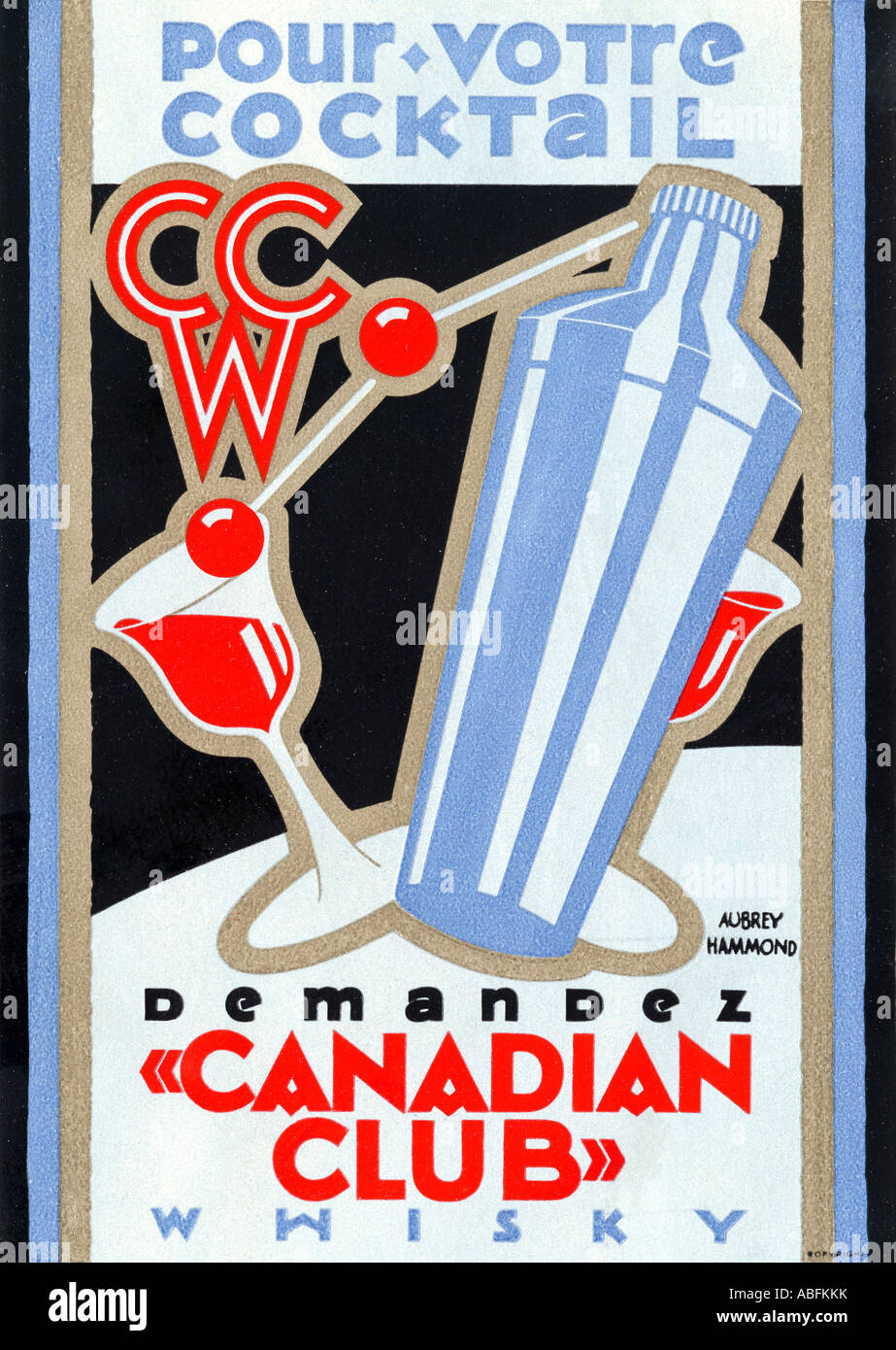 Club canadese Cocktail 1928 francese Art Deco poster da Aubrey Hammond per il whisky per i vostri cocktail Foto Stock