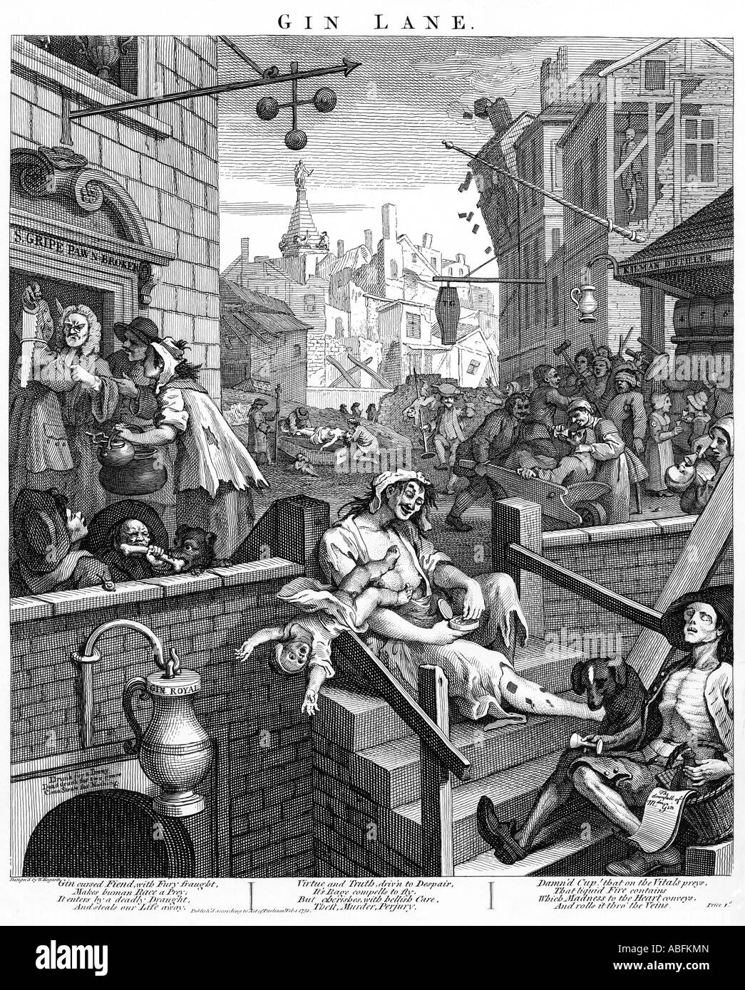 Il Gin Lane William Hogarth terzo membro del 1751 l'incisione che mostra l iniquo effetti del xviii secolo Londra craze di gin Foto Stock
