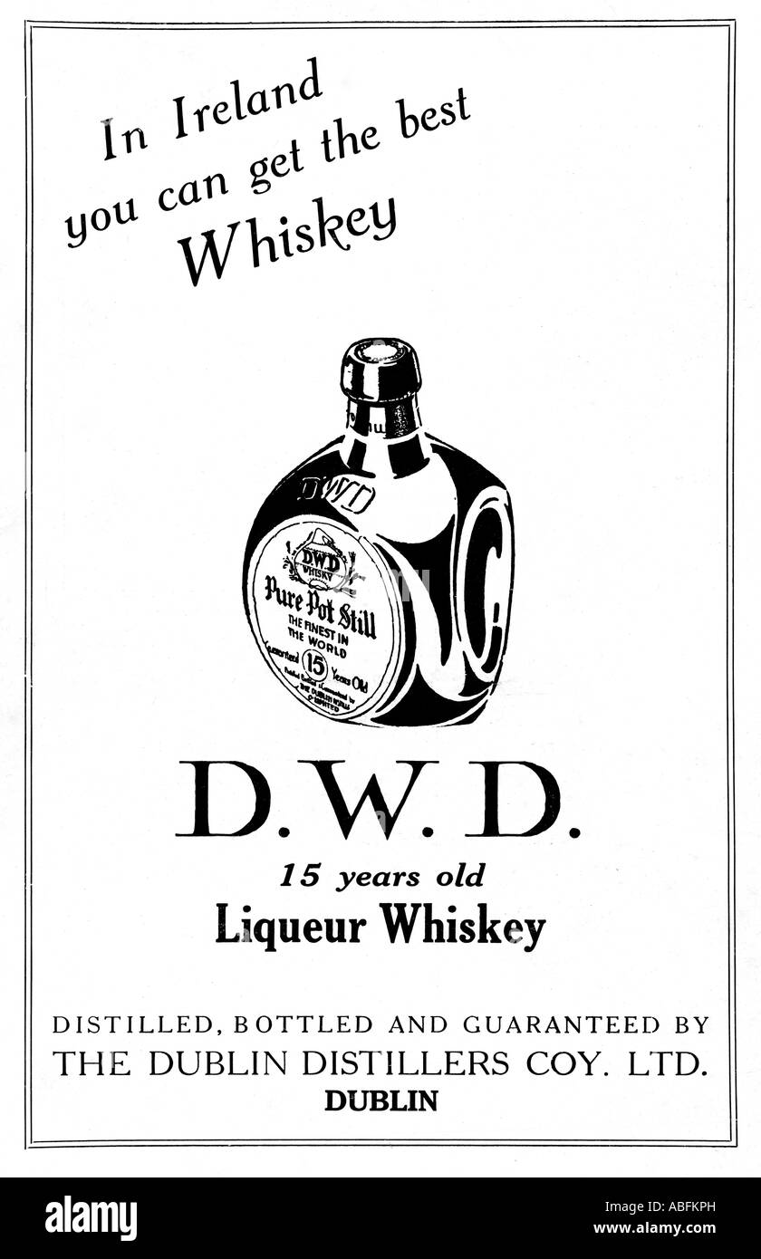 DWD Irish Whiskey 1930 annuncio pubblicitario per il Dublin Pure Pot Still Liquori di whisky nella sua bottiglia distintivo Foto Stock