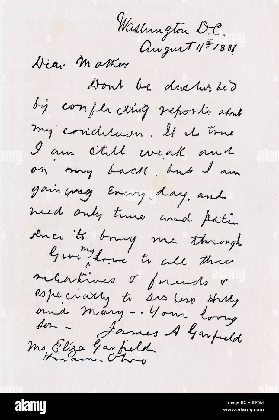 Lettera di James A.Garfield a sua madre. James A.Garfield, 1831 - 1881. 20° Presidente degli Stati Uniti. Foto Stock