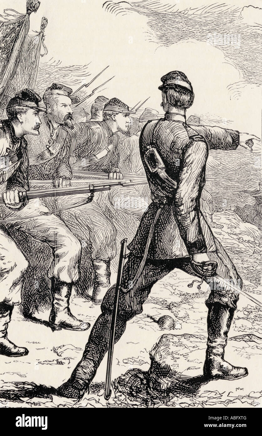 Ufficiale che conduce un attacco nella guerra civile americana. Foto Stock