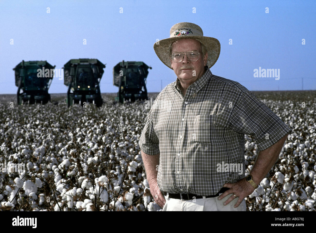 California coltivatore di cotone e trince semoventi in background. Foto Stock