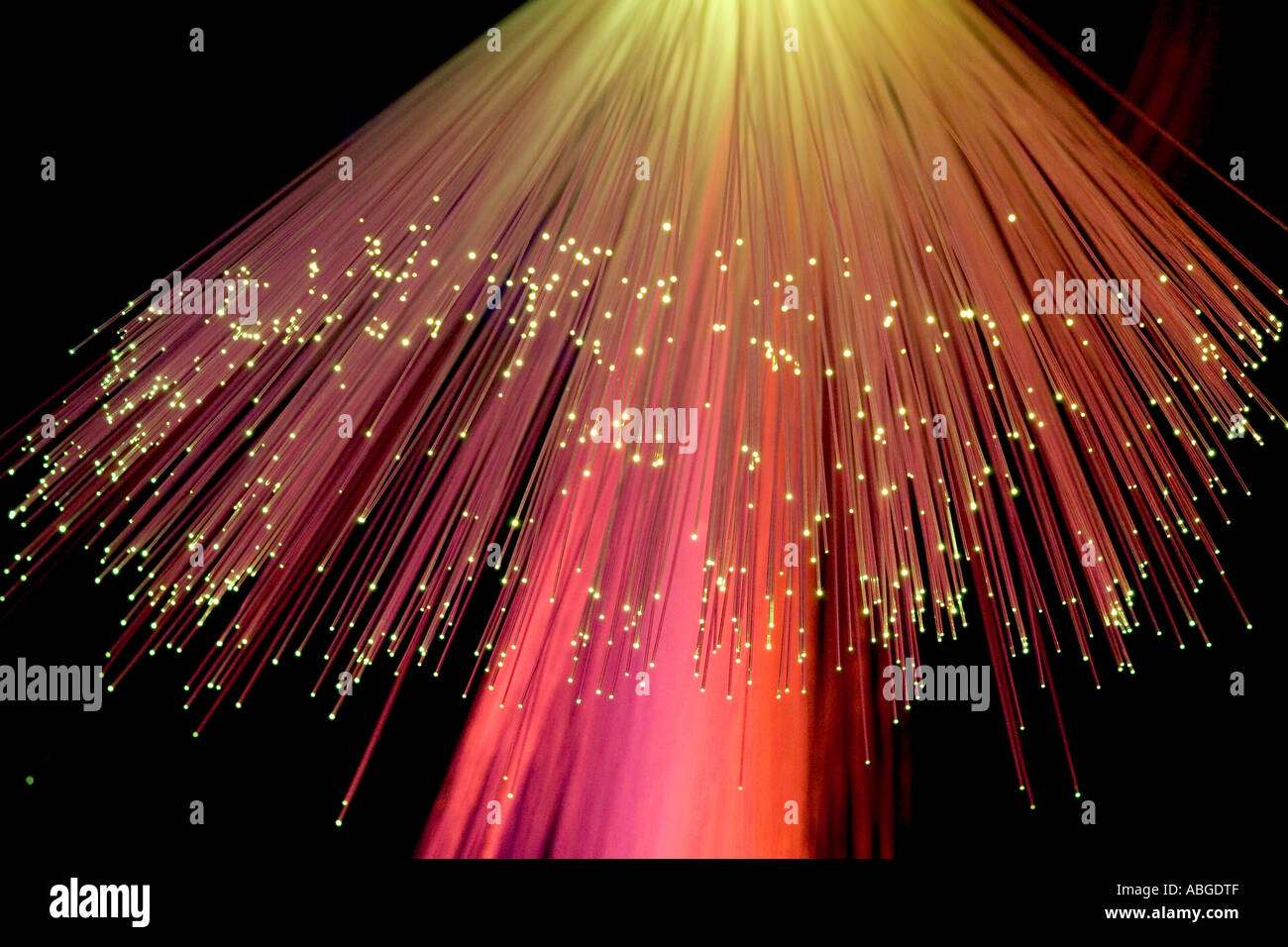 Le fibre ottiche che emettono luce. Queste fibre sono usate per trasmettere suoni e immagini in forma di luce Foto Stock