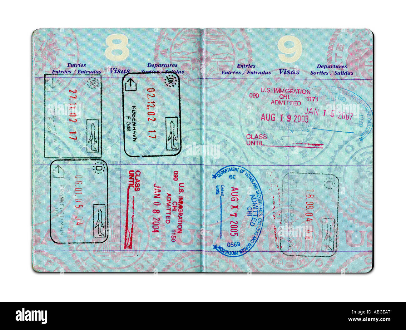 Francobolli IN USA passaporto su sfondo bianco Foto Stock