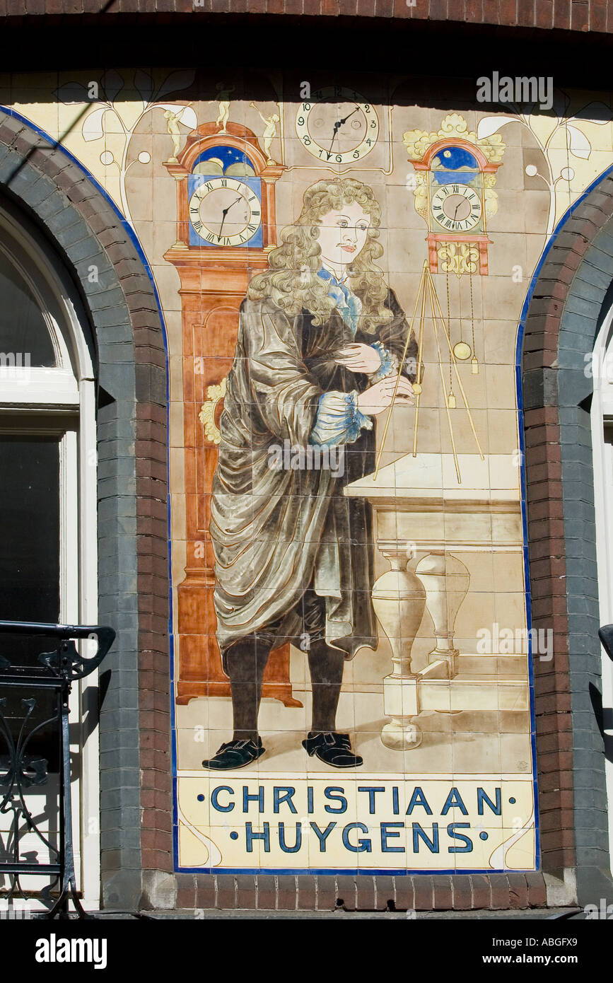 Murale nel centro di Amsterdam che raffigurano famoso matematico Olandese Christiaan Huygens Foto Stock