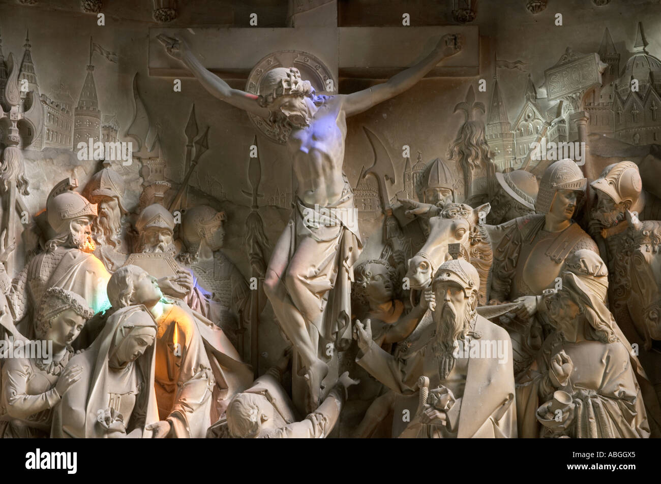 Rilievo interno scultura alla Chiesa della Santa Trinità, Long Melford, Suffolk, Inghilterra Foto Stock