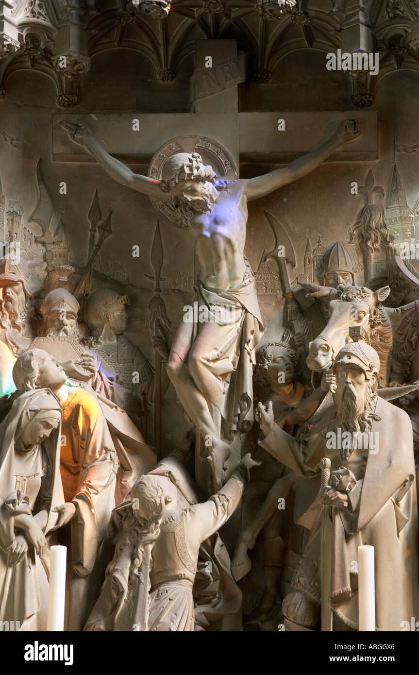 Rilievo interno scultura alla Chiesa della Santa Trinità, Long Melford, Suffolk, Inghilterra Foto Stock