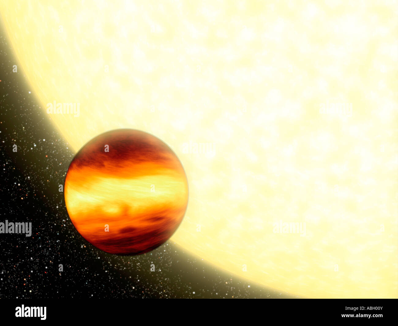 Un artista della concezione mostra un gas-gigante pianeta orbita molto vicino alla sua stella madre. Foto Stock