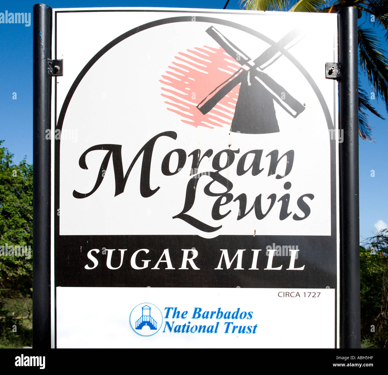 Segno per Morgan Lewis Sugar Mill, St Peter Parish, Barbados, Piccole Antille, West Indies, dei Caraibi Foto Stock