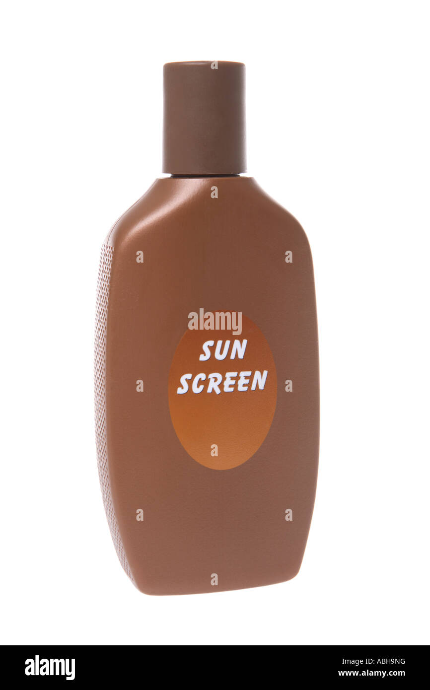 Sunscreen bottiglia ritagliata su sfondo bianco Foto Stock