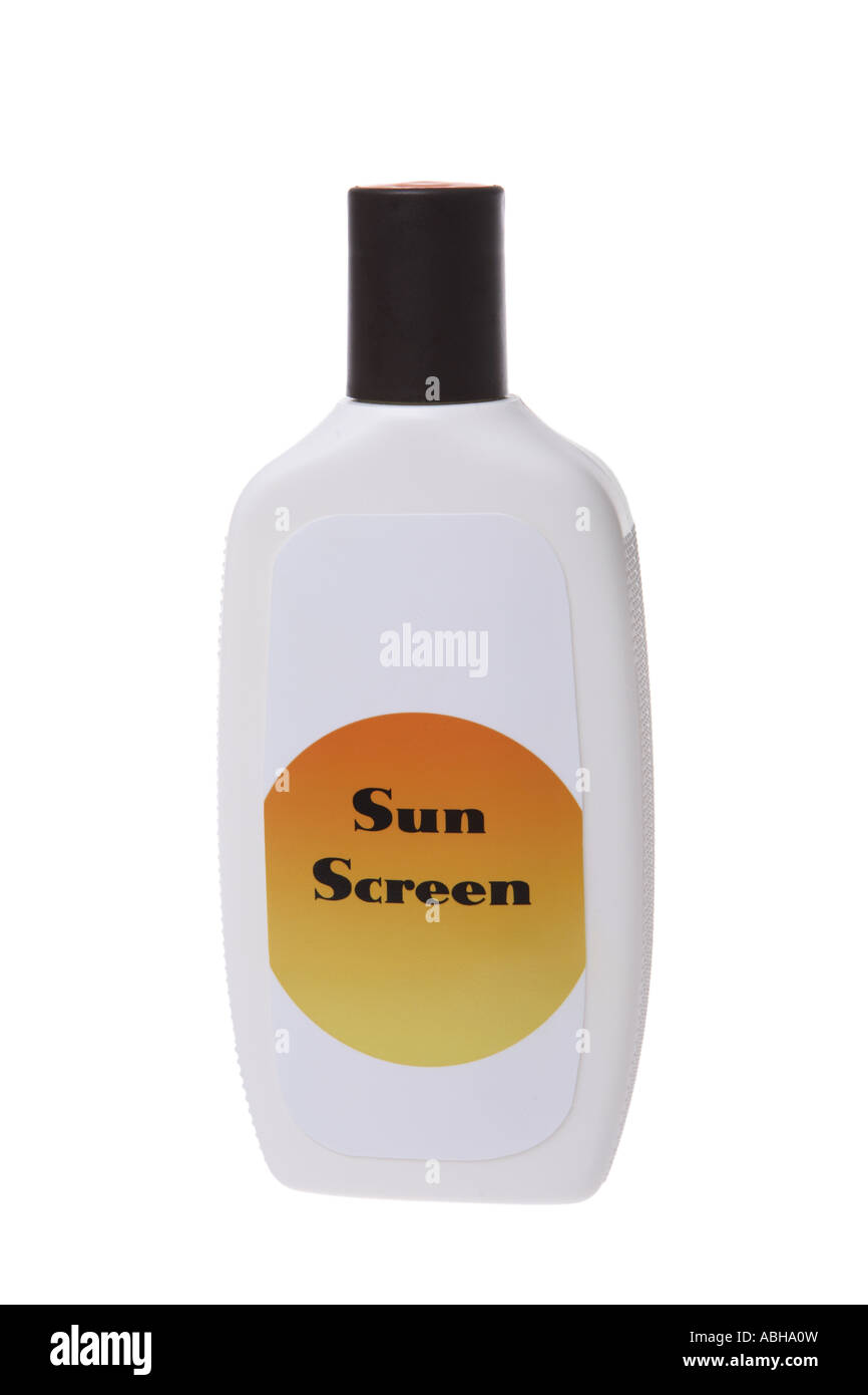 Sunscreen bottiglia ritagliata su sfondo bianco Foto Stock