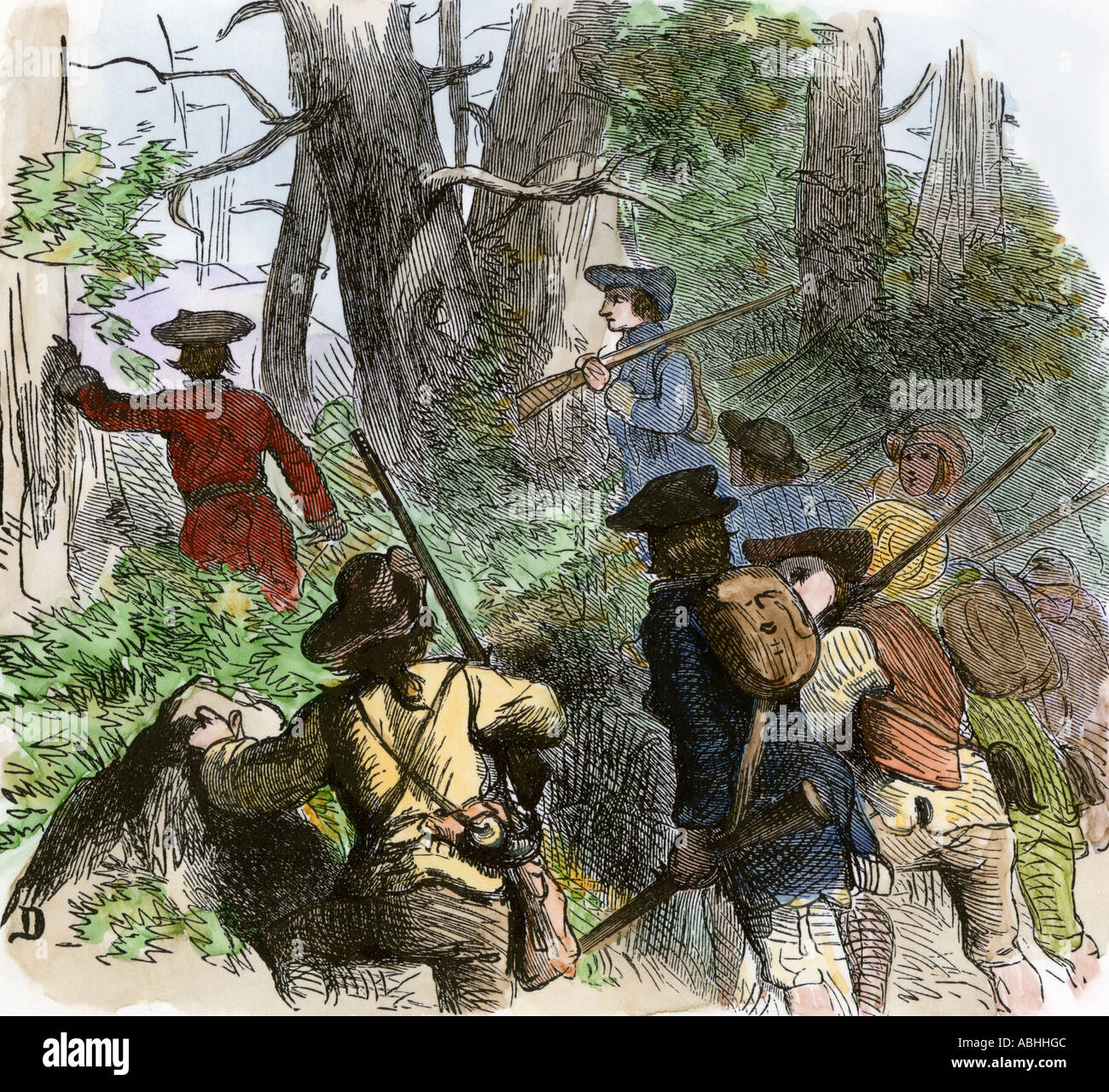 Milizia coloniale attraversando le montagne durante la guerra di indiano e francese. Colorate a mano la xilografia Foto Stock
