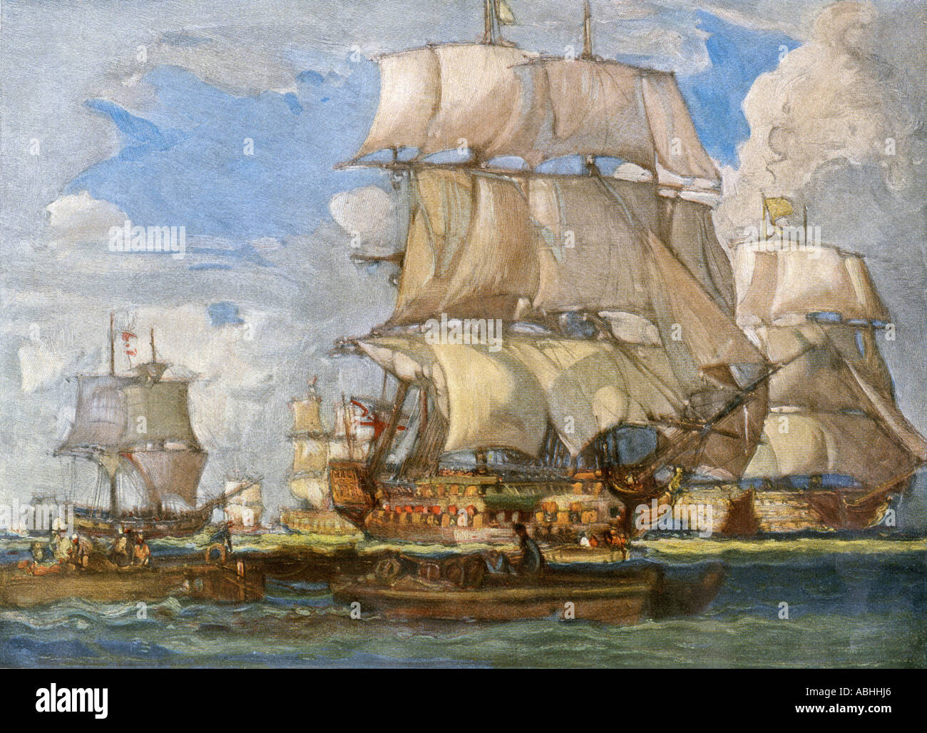 Marina britannica sotto Lord Howe vela da Spithead per battaglie in mare al largo della costa della Francia 1794. Colore mezzetinte di illustrazione. Foto Stock