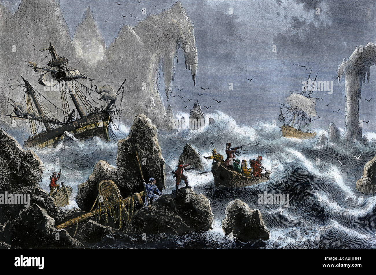 Le navi del russo Vitus Bering expedition naufragare su isole Aleutian 1741. Colorate a mano la xilografia Foto Stock