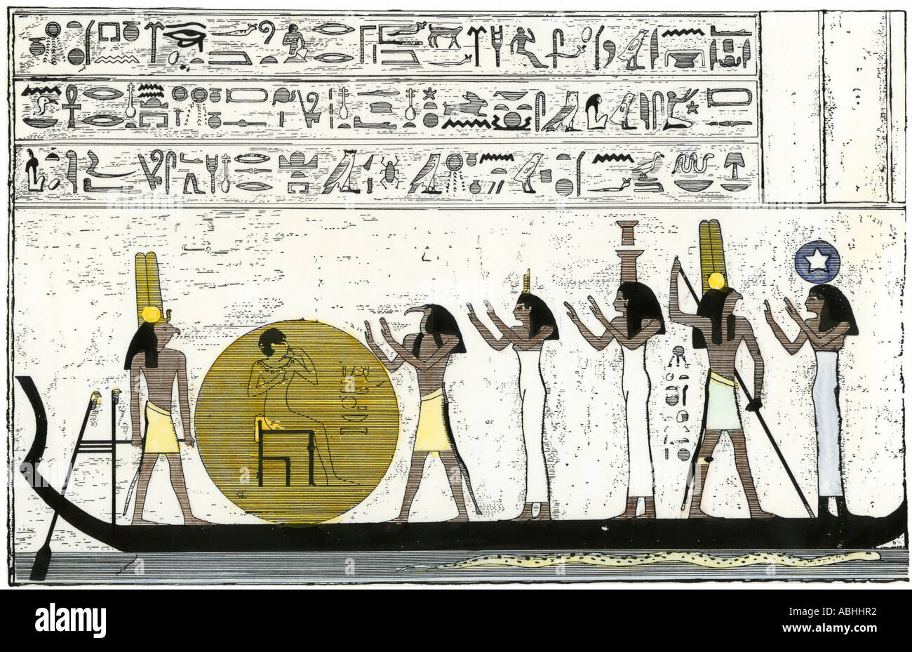 Dio sole Ra di imbarcarsi per il suo quotidiano cammino attraverso l'antico Egitto. Colorate a mano la xilografia Foto Stock