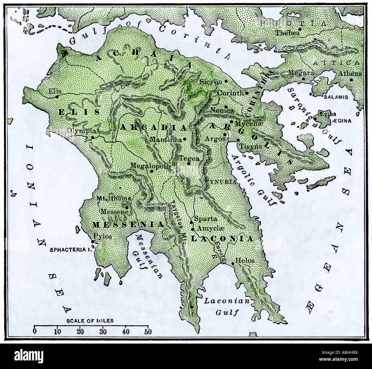 Mappa del Peloponneso Grecia antica. Colorate a mano la xilografia Foto Stock