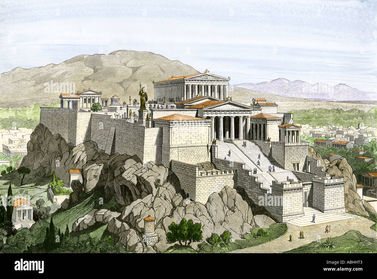 Acropoli di Atene antica coronata dal Partenone e una statua di Athena. Colorate a mano la xilografia Foto Stock