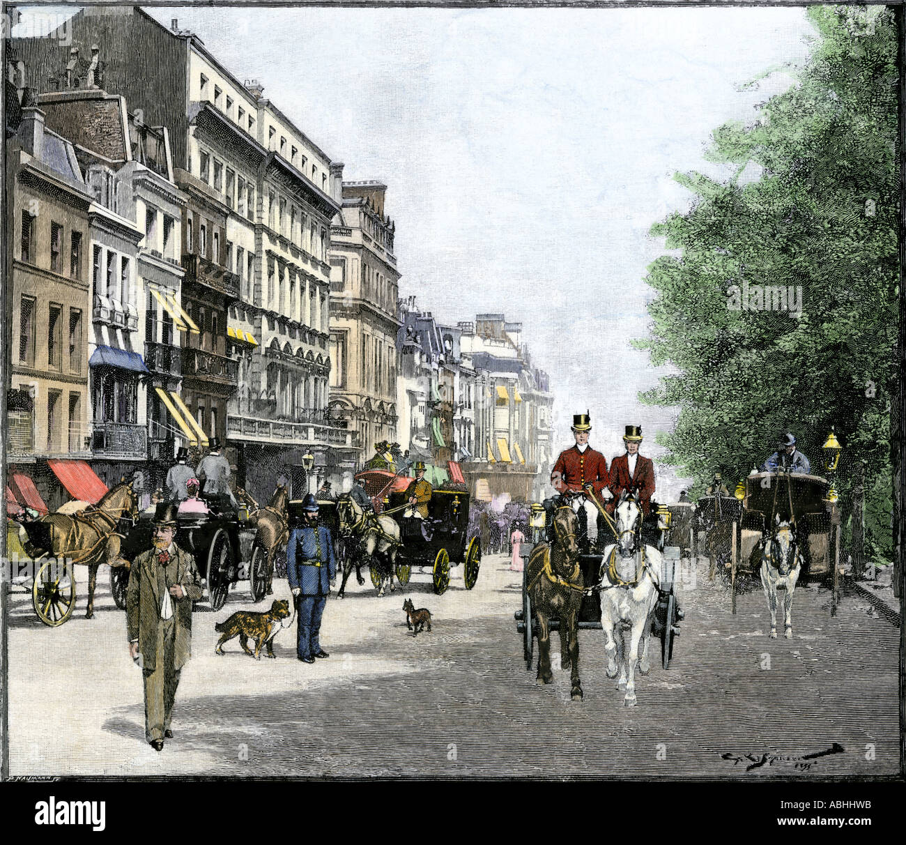 Carrozze trainate da cavalli al di fuori dei negozi di Piccadilly Londra 1890s. Colorate a mano la xilografia Foto Stock