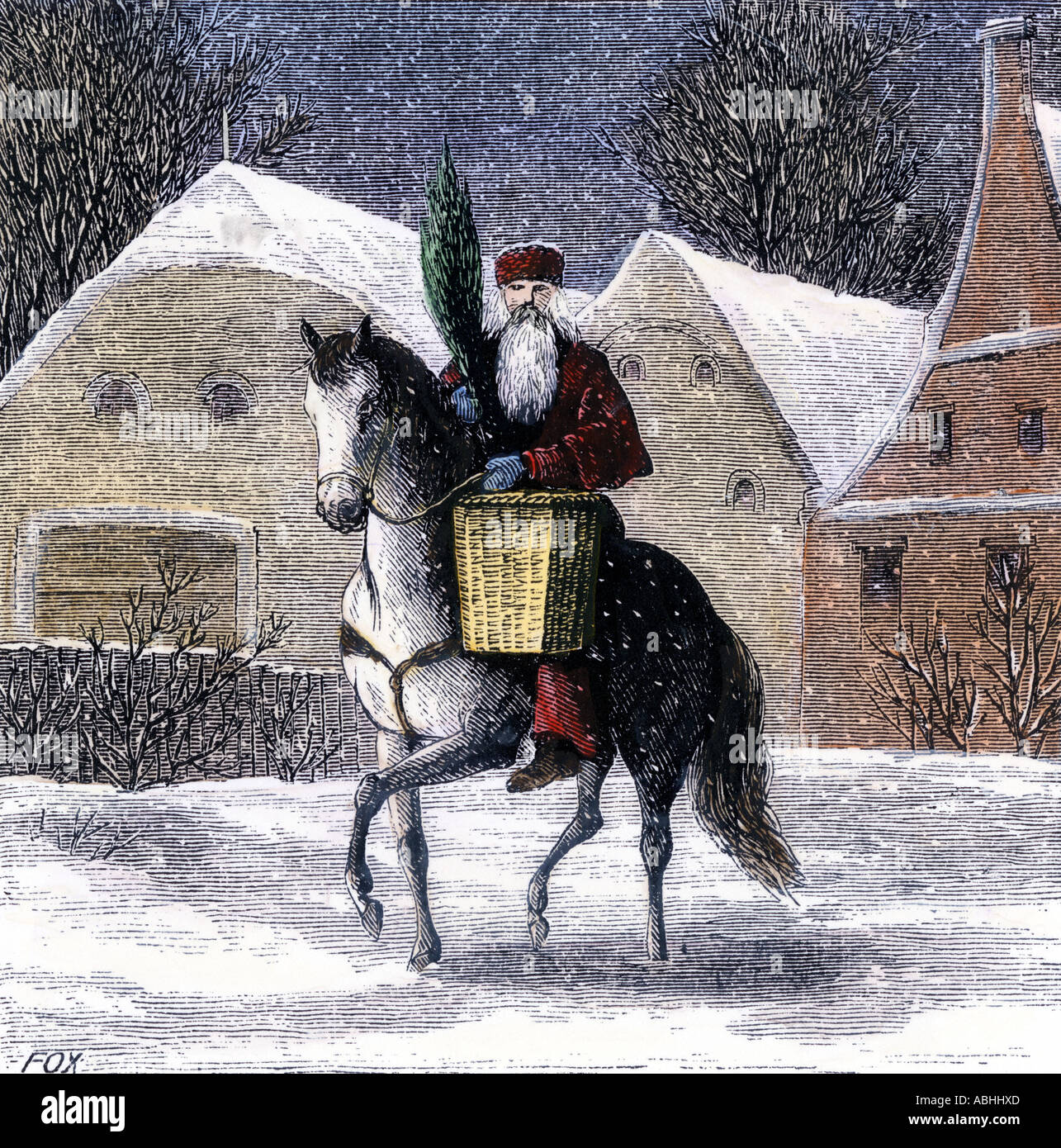 Saint Nicholas in sella ad un cavallo bianco in un paese europeo con una cesta e un sempreverde fronda. Colorate a mano la xilografia Foto Stock