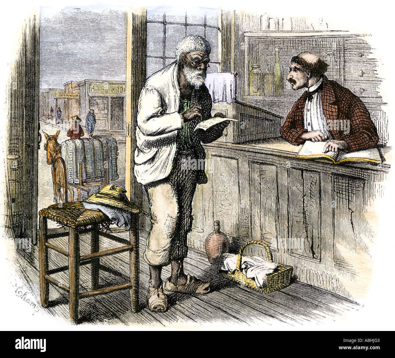 African American uomo raccogliere i soldi per il suo cotone in Austin Texas 1870s. Colorate a mano la xilografia Foto Stock