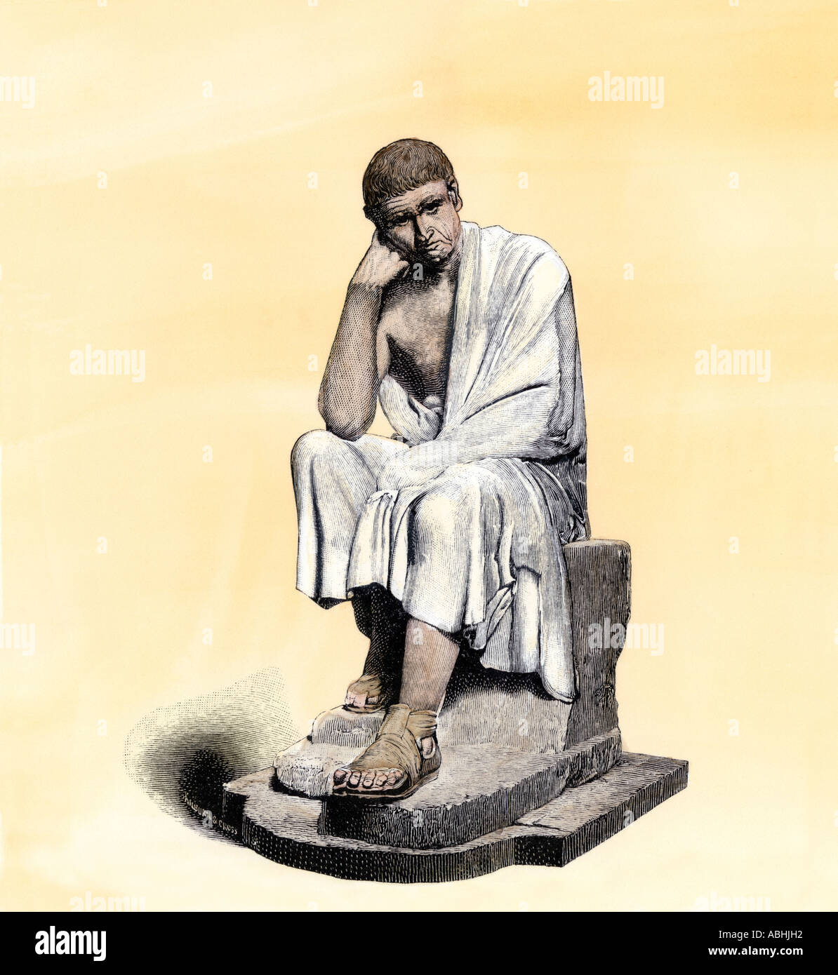 Aristotele seduto. Colorate a mano la xilografia Foto Stock