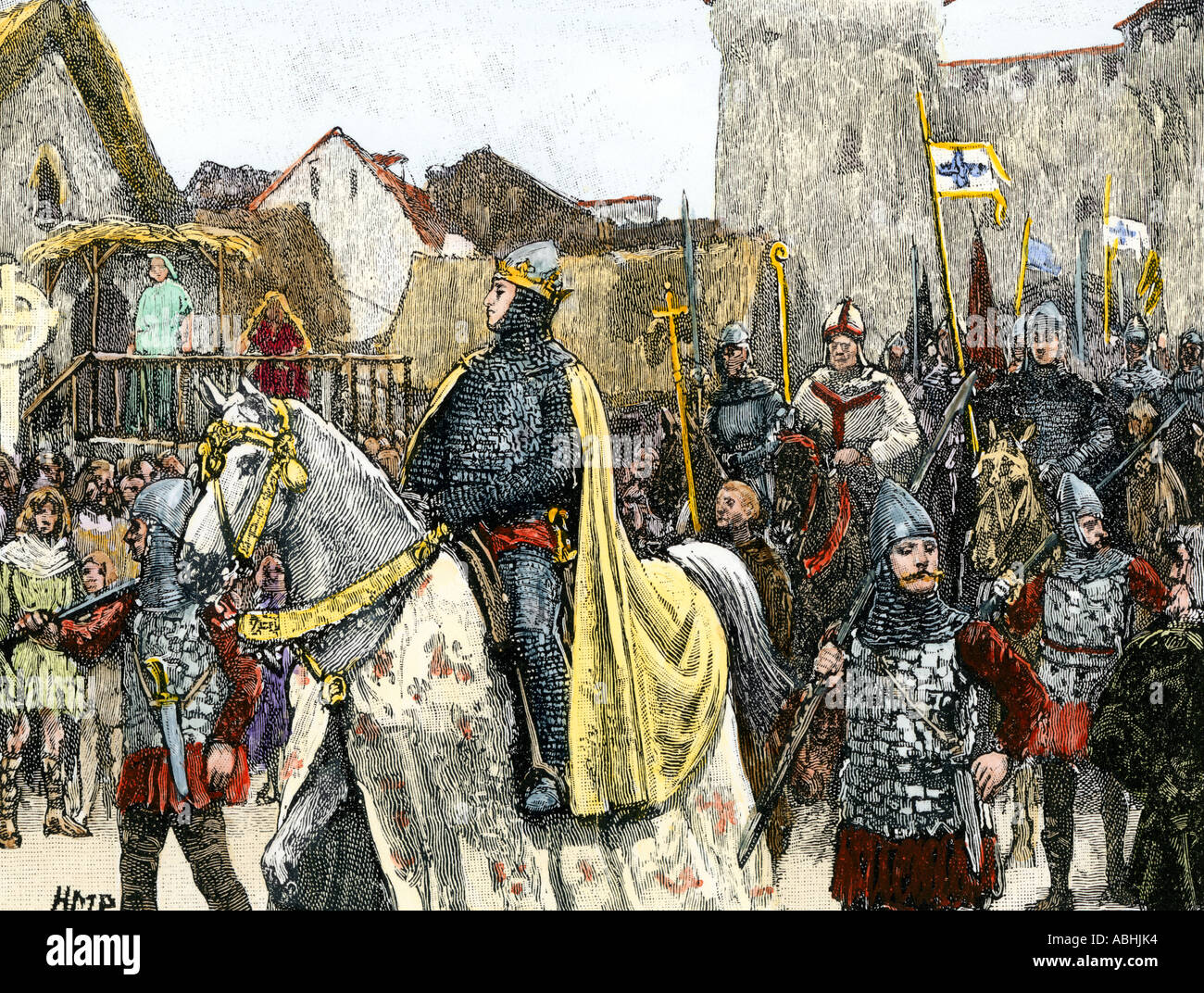 Guglielmo il Conquistatore e il suo esercito entrando in Londra in trionfo dopo l invasione dei Normanni 1066. Colorate a mano la xilografia Foto Stock