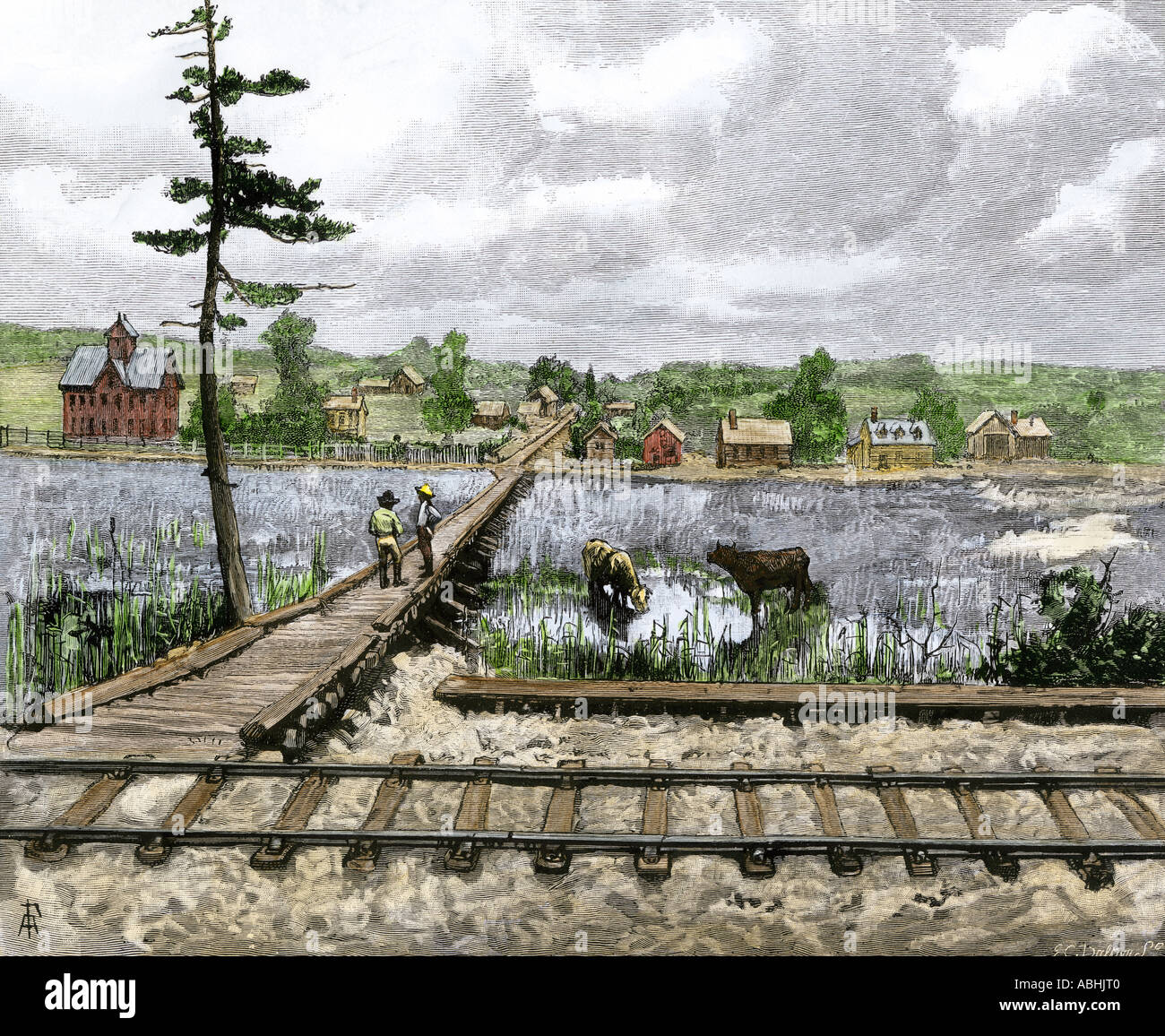 Fermata della ferrovia nei pressi di una nuova città sulle grandi pianure 1880. Colorate a mano la xilografia Foto Stock
