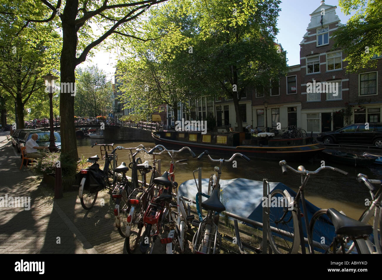 Le biciclette in piedi alla banca di Egelantiersgracht Jordaan Amsterdam Olanda Paesi Bassi Foto Stock