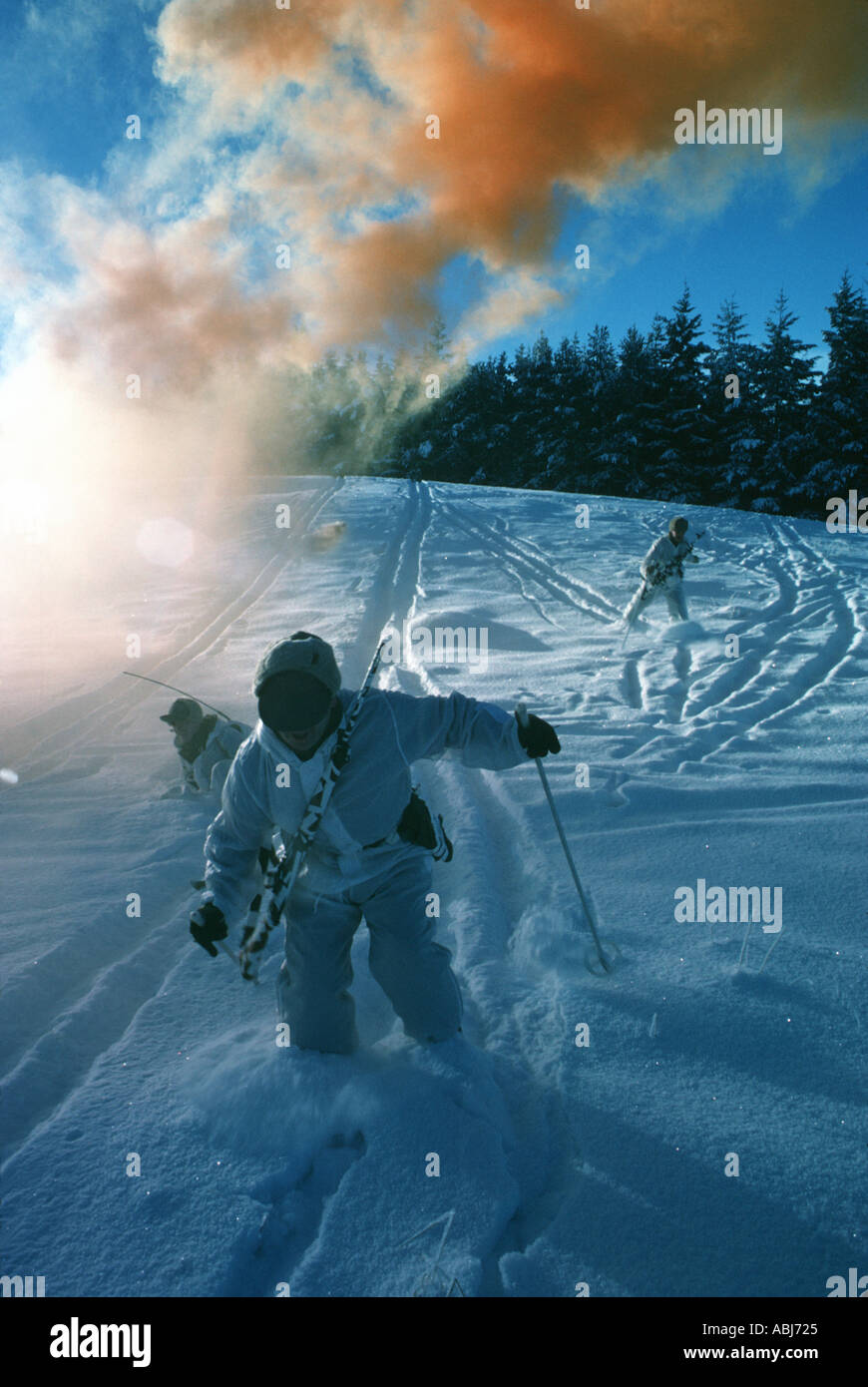 Montagna e soldati artico indossando il camuffamento nella neve e nel ghiaccio del actic sull esercizio in inverno Foto Stock