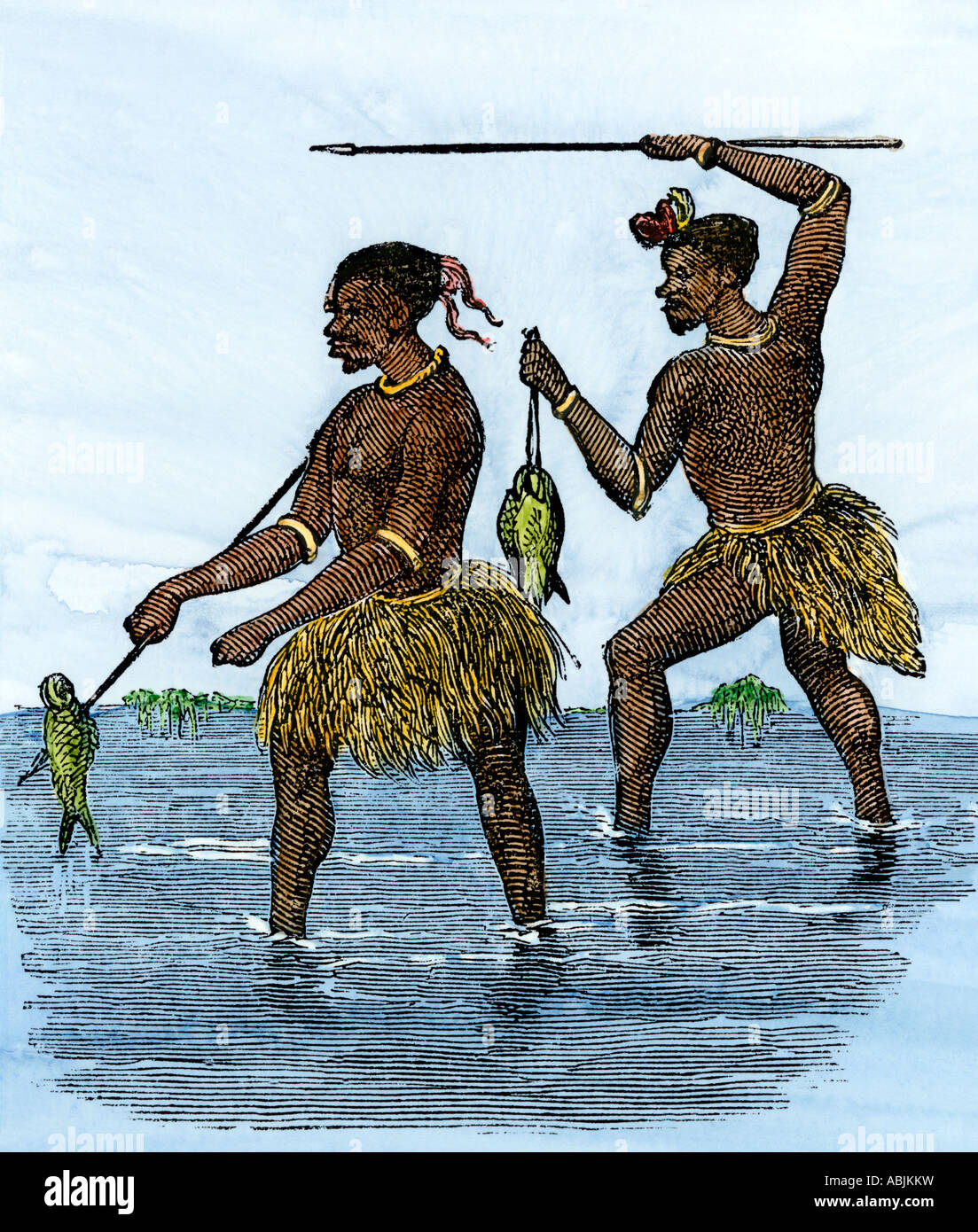 Zulu pescatori al lavoro in Natal Sud Africa. Colorate a mano la xilografia Foto Stock