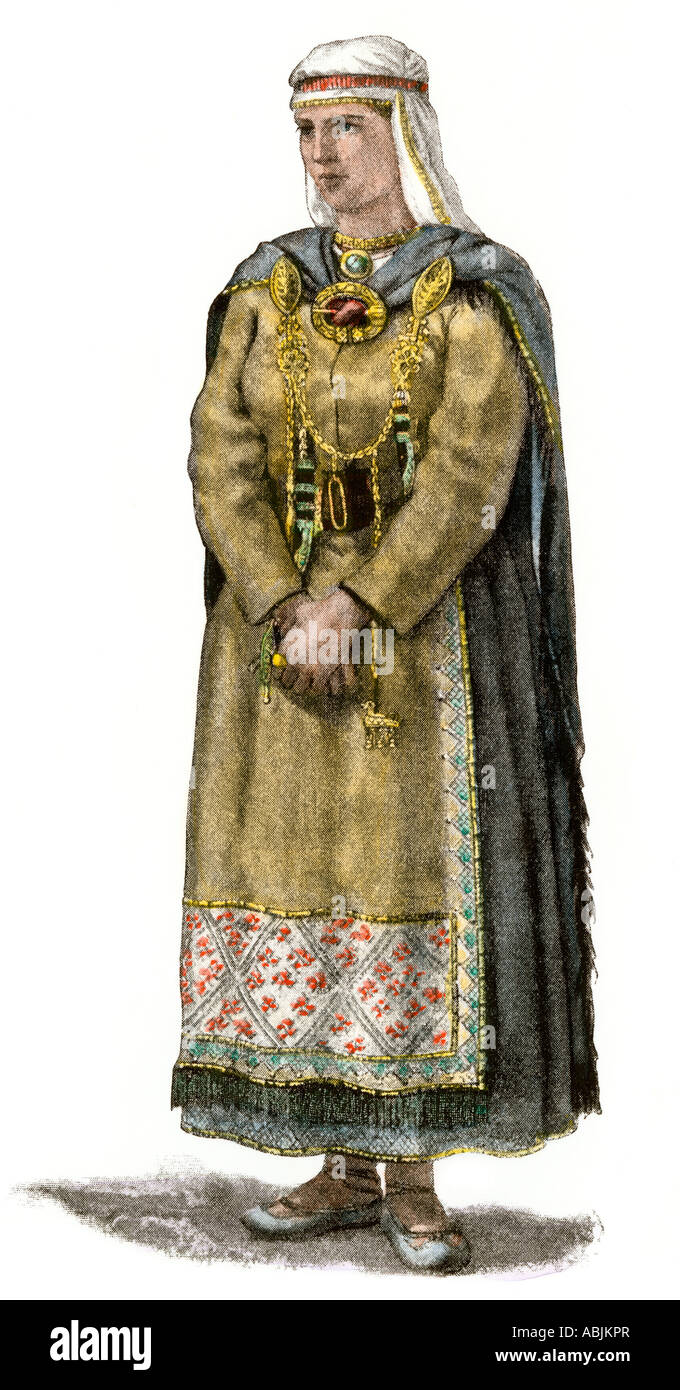 Il finlandese donna in abbigliamento tradizionale simile al Celtic ornamenti rilevato in Irlanda. Colorate a mano di mezzitoni una illustrazione Foto Stock