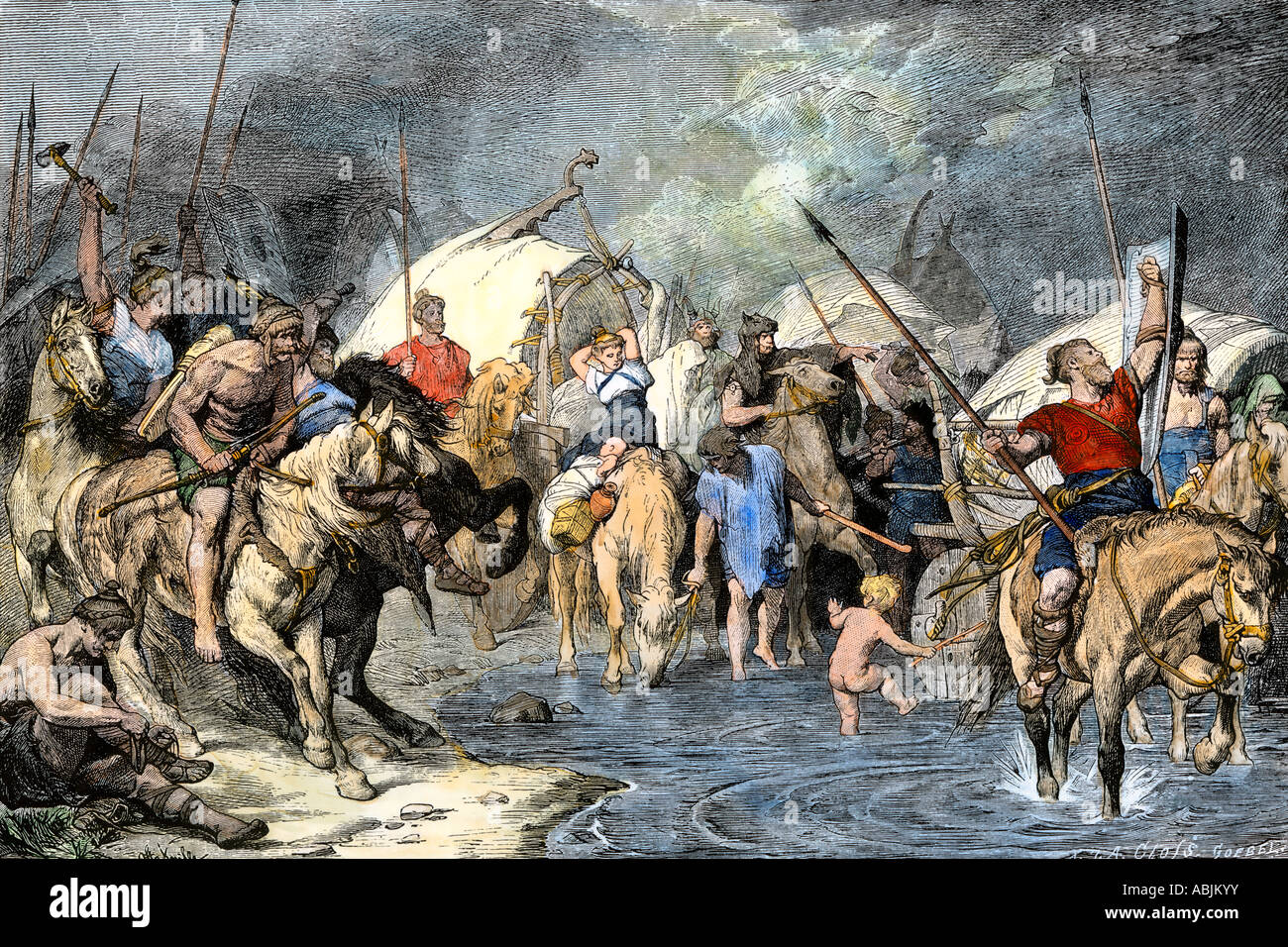 La migrazione di teutoni immettere la Gallia in tempi antichi. Colorate a mano la xilografia Foto Stock