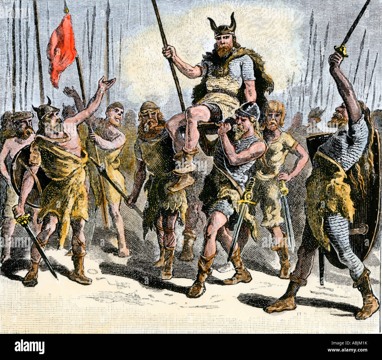 Guerrieri teutonico elevando il loro leader su uno schermo dopo una vittoria. Colorate a mano la xilografia Foto Stock