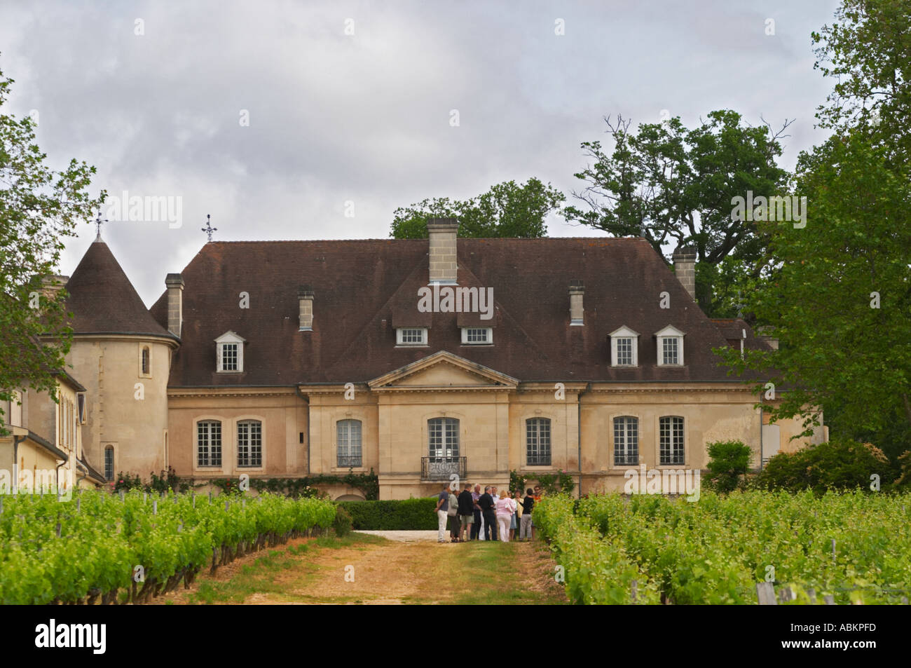 Un gruppo di visitare gli assaggiatori di vino nel vigneto di fronte all'edificio chateau Bouscaut Chateau cru Classe Cadaujac Graves Pessac Leognan Bordeaux Gironde Aquitaine Francia Foto Stock