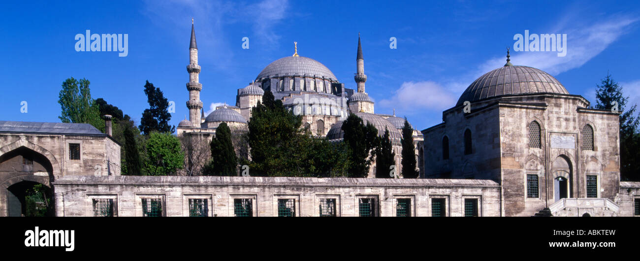 Vista panoramica della Moschea Suleymaniye Istanbul con un cielo blu sullo sfondo Foto Stock