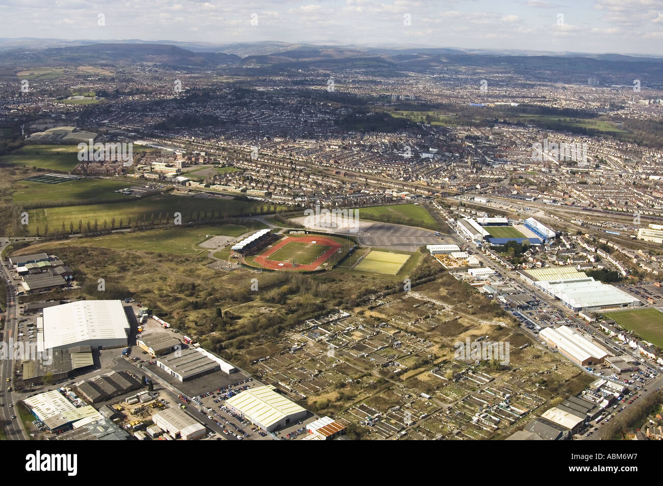 Paesaggio antenna Leckwith Stadium Cardiff City Centre South Wales Foto Stock