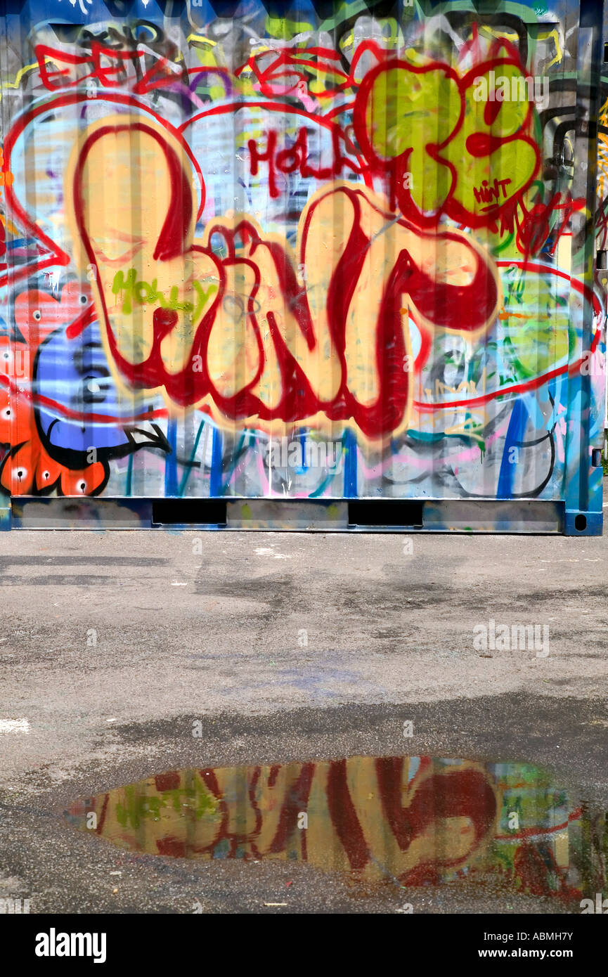 Graffiti su un contenitore di stoccaggio con la riflessione in una pozza Foto Stock