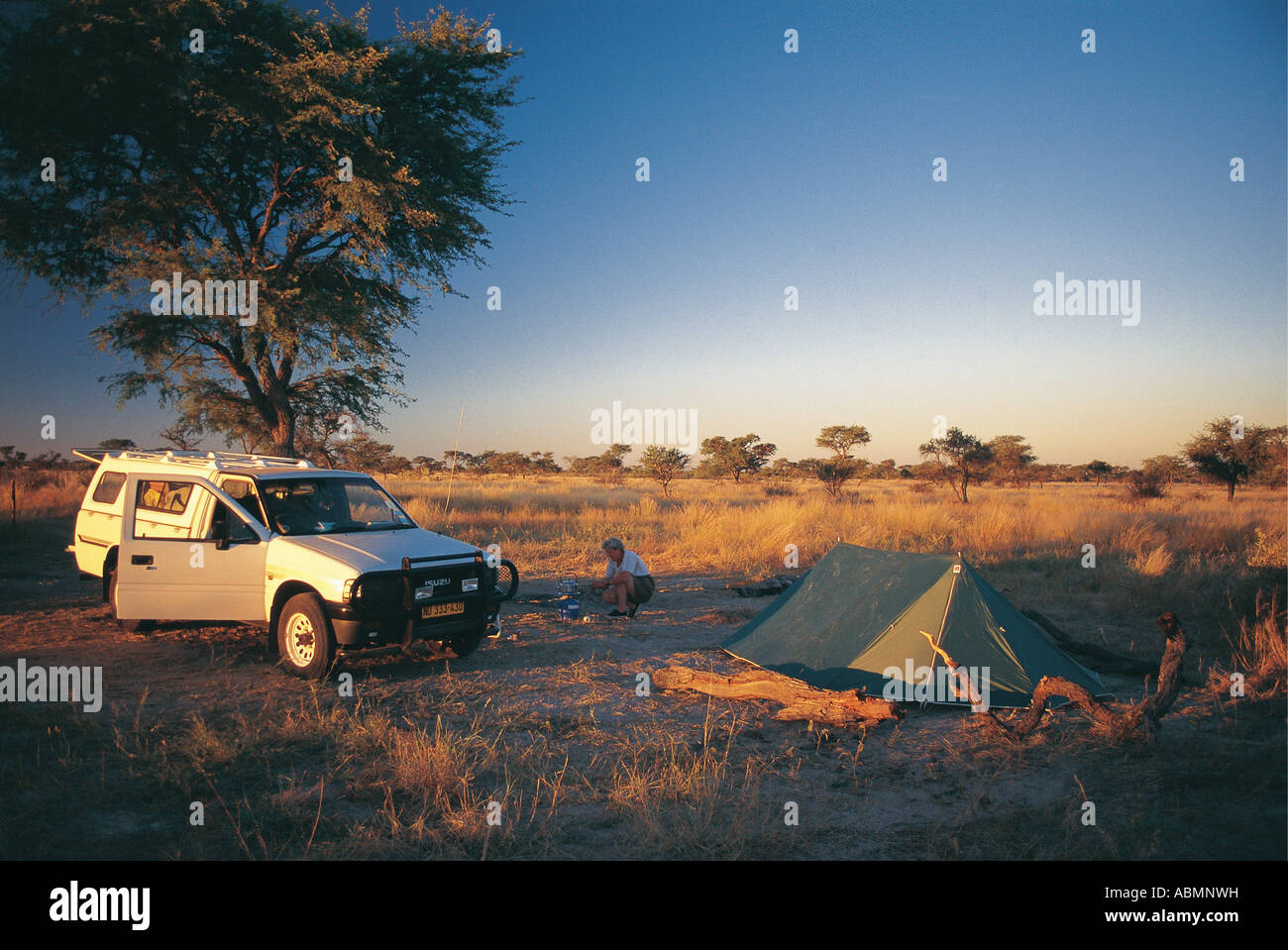 La tenda e la trazione a quattro ruote motrici auto in campeggio Khutse Game Reserve Botswana Africa Foto Stock