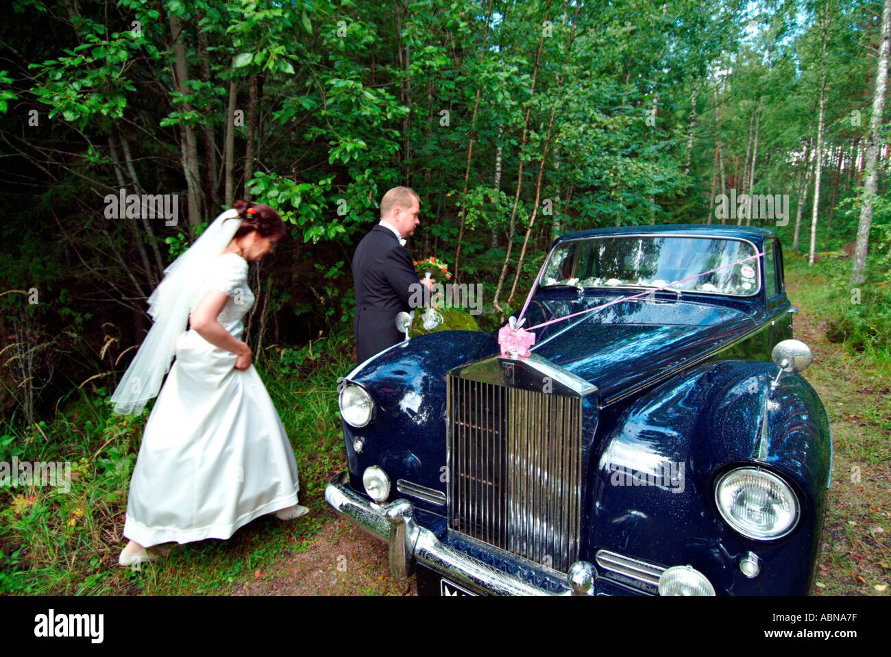 Coppia di sposi in fretta decorate bobine e Royce in una foresta MR Foto Stock