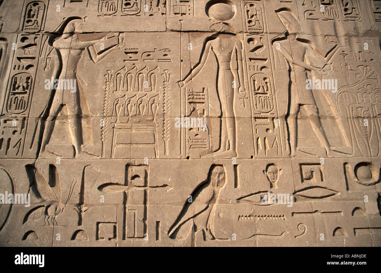 Dettaglio delle sculture in geroglifico in bassorilievo sulle pareti del tempio di Karnak accanto al lago sacro Alto Egitto Foto Stock