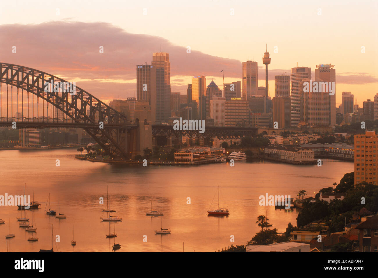 Skyline della città con la Torre di Sydney e Harbour Bridge e yacht ancorati nella baia di lavanda di sunrise Foto Stock