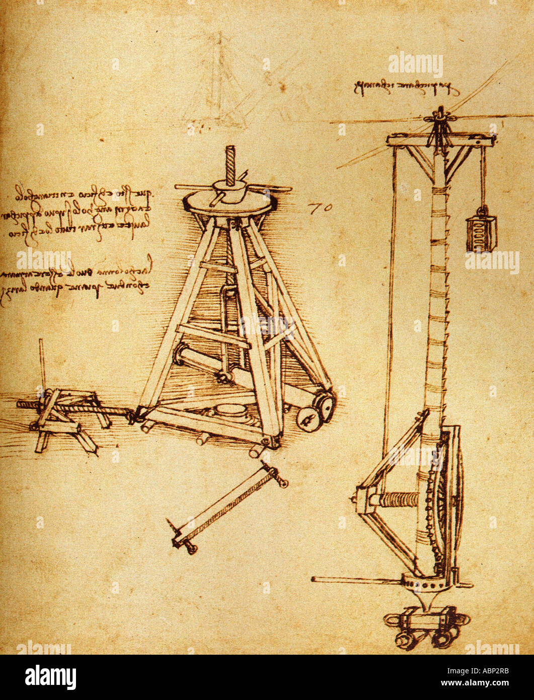 Leonardo da Vinci i disegni di macchine per il sollevamento Foto Stock