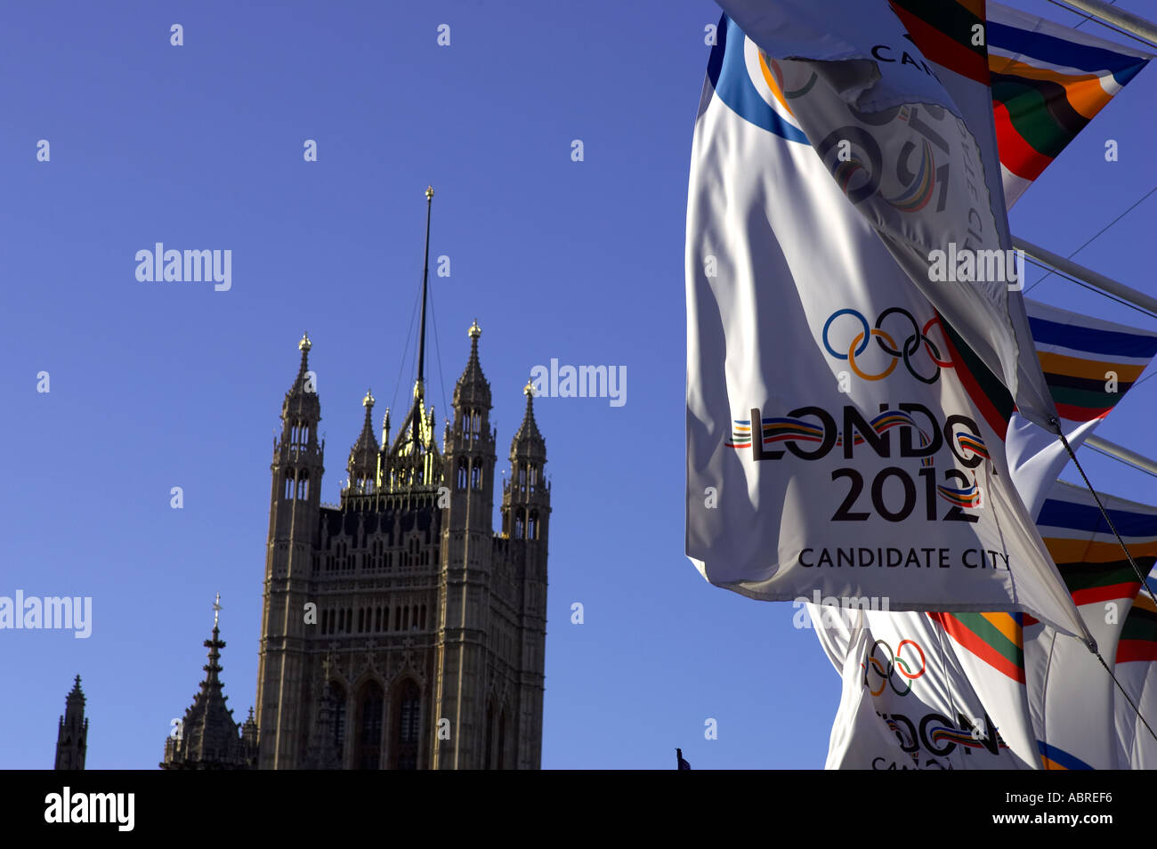 Banner london 2012 Olimpiadi fuori le case del parlamento Londra Inghilterra Regno Unito Foto Stock