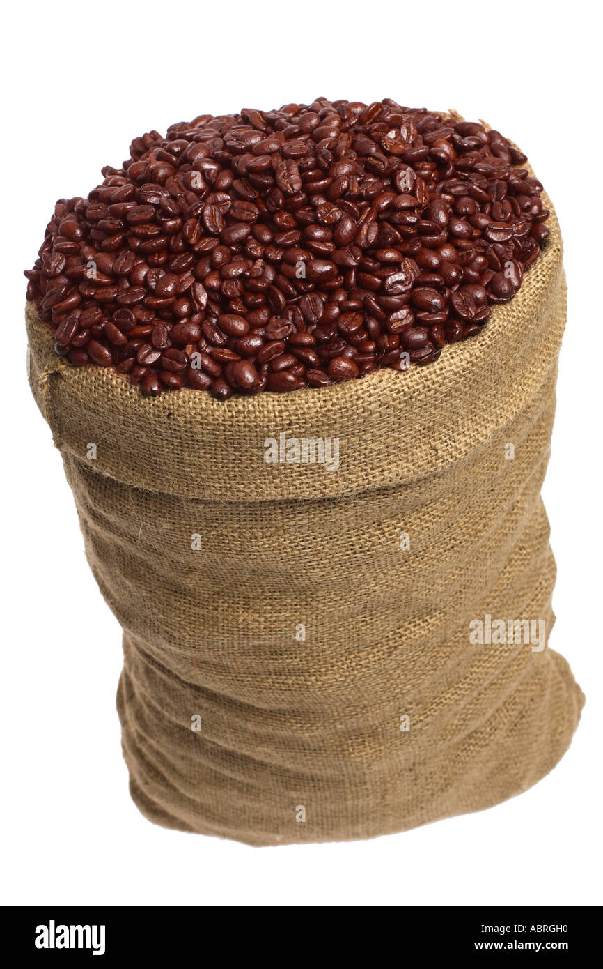 Immagine di stock di un sacco di tela riempito con i chicchi di caffè Foto Stock